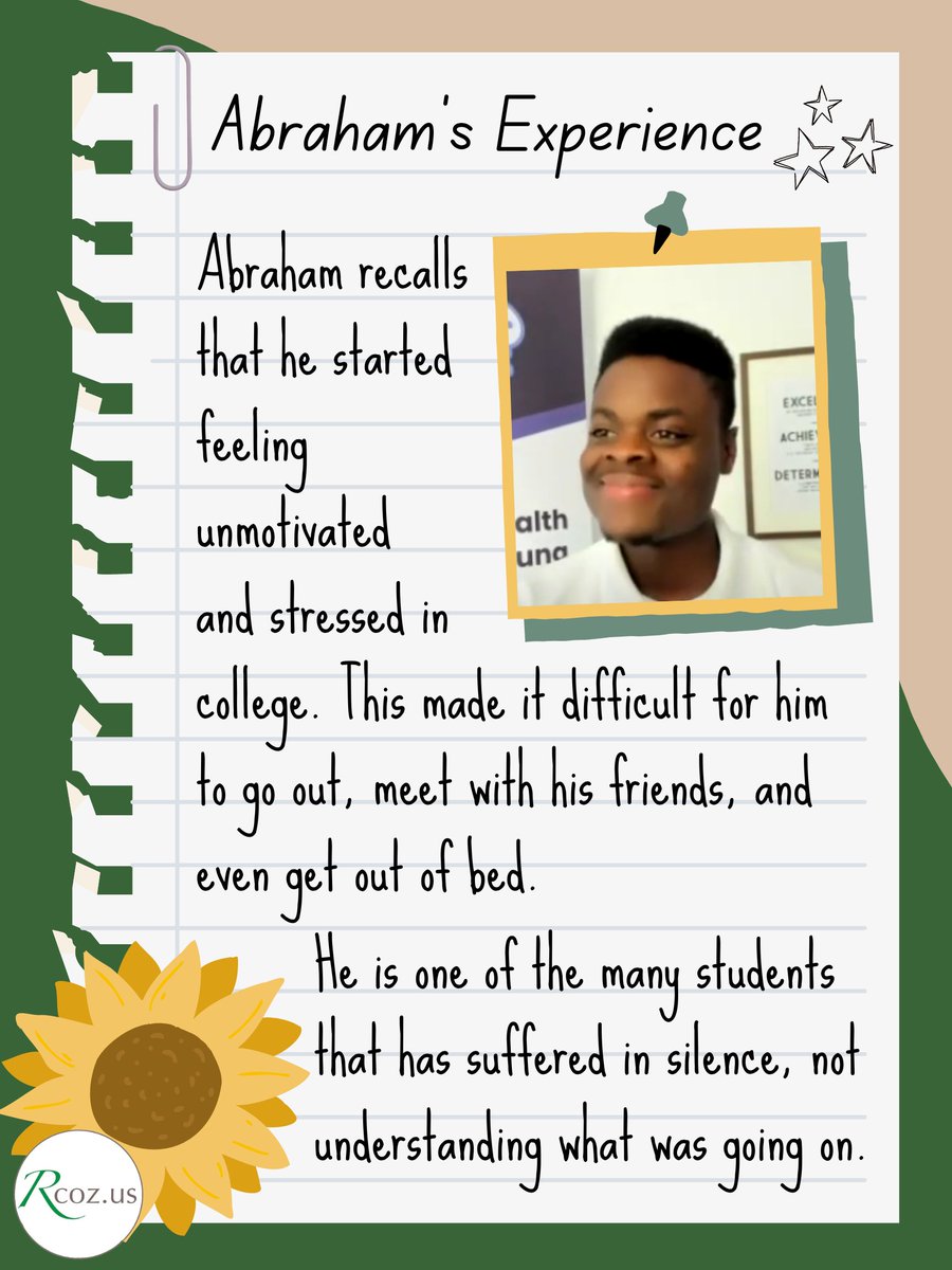 RcozUs's tweet photo. Thousands of college students suffer from depression every year. Abraham Sculley, the founder of the Speaks 2 Inspire organization, is working with colleges to provide mental health support for their students.

#rcoz #mentalhealth #depression #studentswithdepression #coping https://t.co/WV9oS073BP