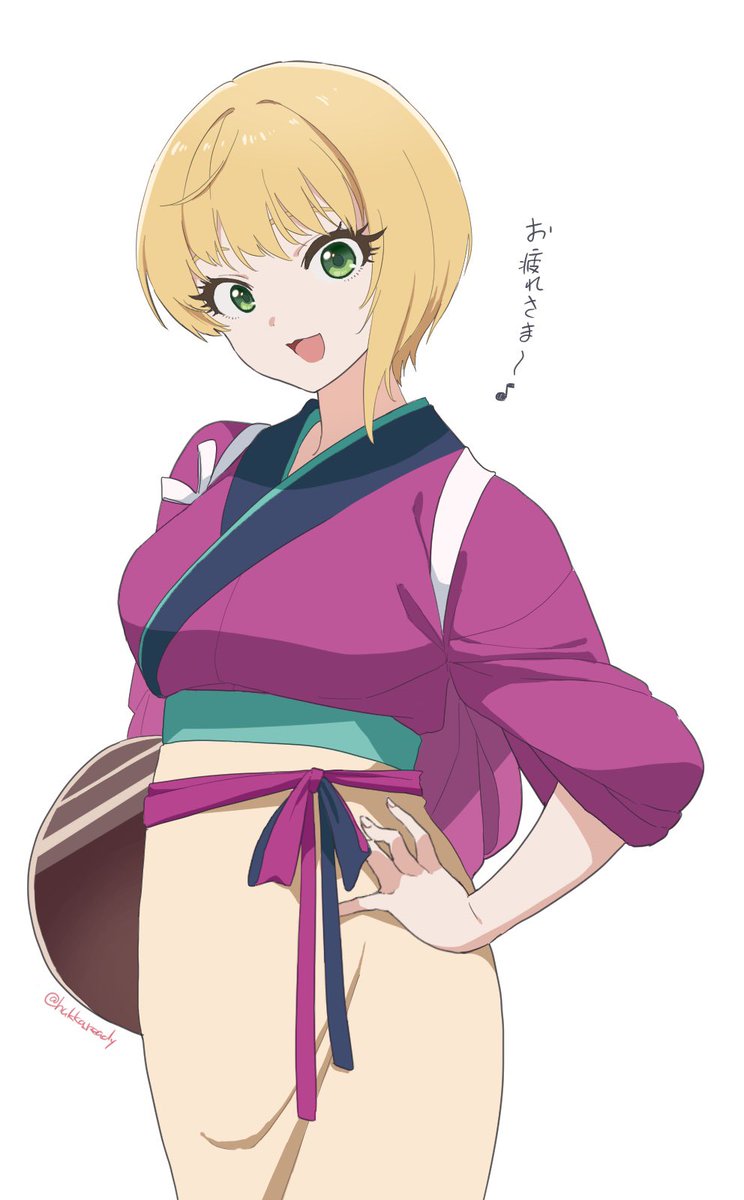 miyamoto frederica 1girl solo japanese clothes blonde hair green eyes short hair kimono  illustration images