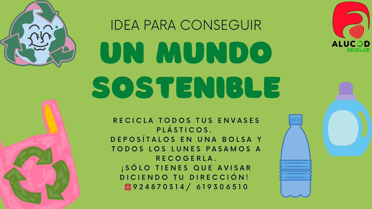 alucod's tweet photo. 🔉¡LLERENA!🔉

🚚¡Como cada lunes, deja tu bolsa con envases plásticos en tu puerta, pasaremos a recogerla!

💬Solo tienes que avisarnos mediante llamada o WhatsApp diciendo tu dirección:

☎️619306510/ 924870314.

🌍¡CUIDEMOS NUESTRO PLANETA!

#reciclaje
#alucod
#insercionlaboral https://t.co/pg5lbEzLOA