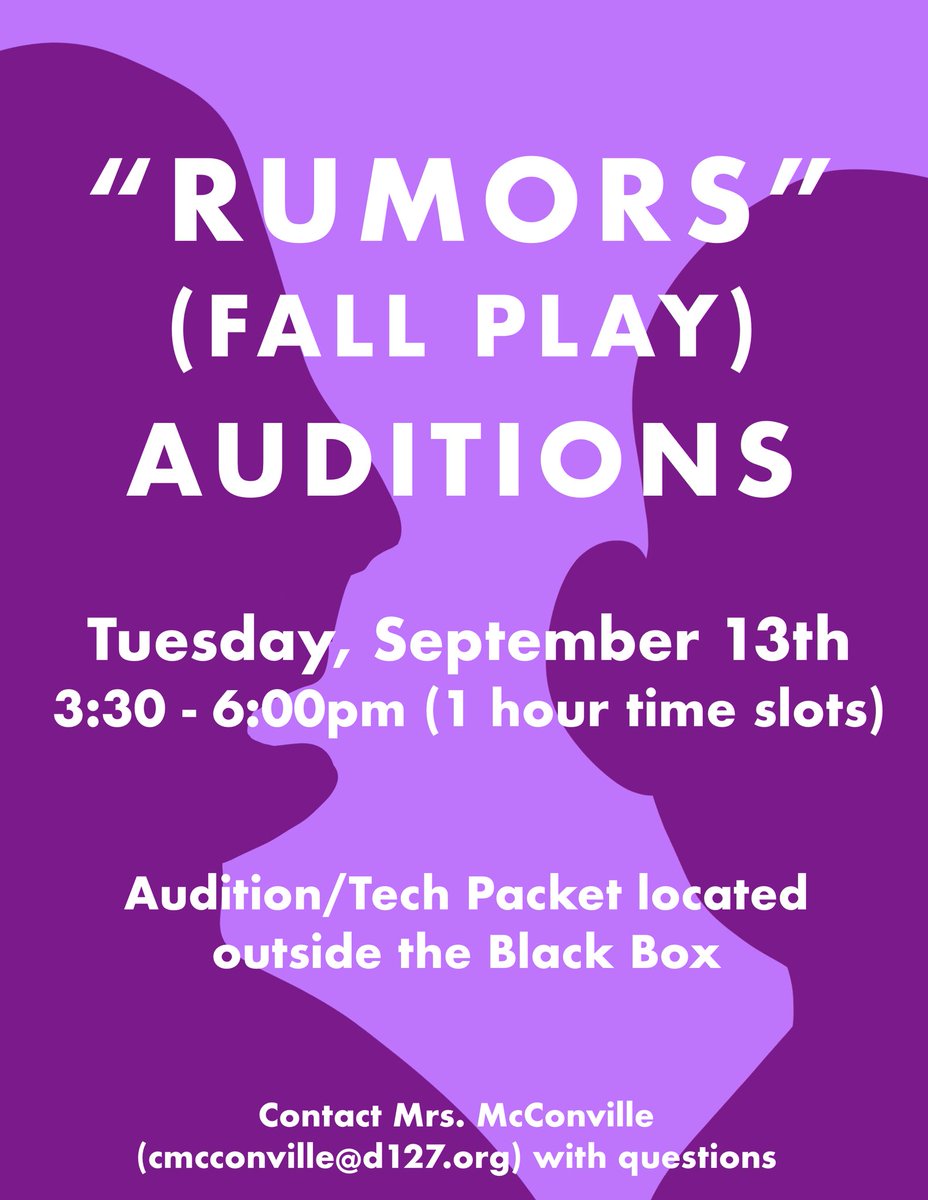 FALL PLAY AUDITIONS ARE ON TUESDAY, SEPTEMBER 13TH! If you are interested in auditioning or being a technician, you must fill out an audition packet (located outside the Black Box). If you have any questions, contact Mrs. McConville! <a href="/d127finearts/">Grayslake District 127 Fine Arts</a>