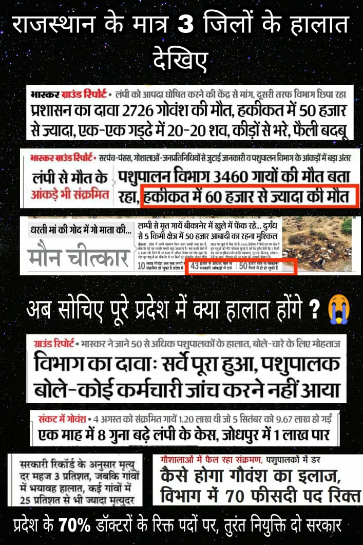 राजस्थान में पशुचिकित्सा में डॉ के मात्र 2400 पद उसमें 70% रिक्त
प्रदेश के क्षेत्रपल के अनुसार आज के दिन में 475 वर्गKm में 1 पशु चिकित्सा अधिकारी हैं, फिर कैसे हो पशुओं का इलाज।वेटेरिनरी डॉ के पद बढ़ाए जाए, डॉ  को नियुक्ति दे 
#पशुचिकित्साअधिकारीभर्ती2019 
#SaveCowSaveRajasthan