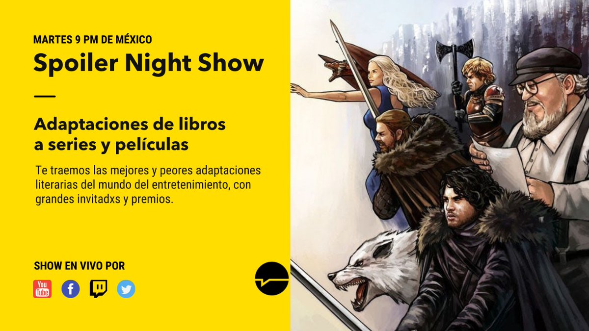 No te pierdas este martes #SpoilerNightShow porque <a href="/SoyRoyalFan/">Roy Rios</a> junto a grandes invitadxs nos traen las mejores y peores adaptaciones literarias del mundo del cine y las series.

¡Activa tu recordatorio aquí! 👉
bit.ly/3Db8FKd