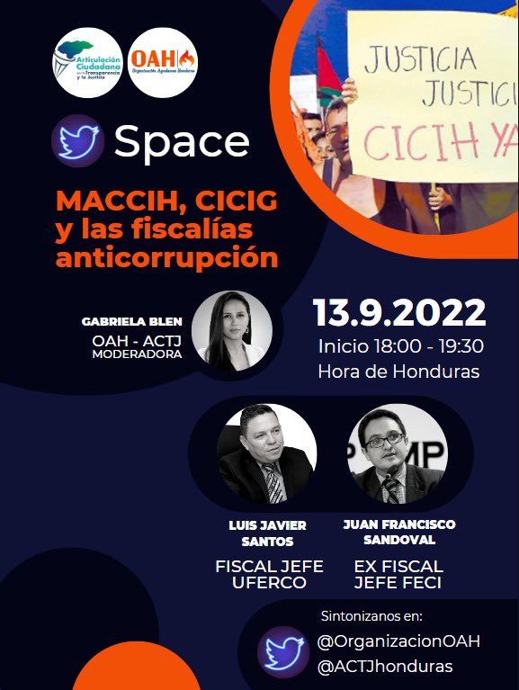 Atención📢 Martes 13, <a href="/actjhonduras/">Articulación Ciudadana Transparencia y Justicia</a> las lecciones aprendidas de la #MACCIH y #CICIG junto a las fiscalías anticorrupción de cara a la instalación de la #CICIH. Invitados especiales: <a href="/Luis_Santos_C/">𝙇𝙪𝙞𝙨 𝙅𝙖𝙫𝙞𝙚𝙧 𝙎𝙖𝙣𝙩𝙤𝙨 𝘾𝙧𝙪𝙯</a> y <a href="/JSandoval1982/">Juan Francisco Sandoval</a> #UrgeLaCICIH #CICIHya <a href="/NormaJTorres/">Rep. Norma Torres</a> <a href="/SenatorLeahy/">Sen. Patrick Leahy</a> <a href="/SecBlinken/">Secretary Antony Blinken</a>