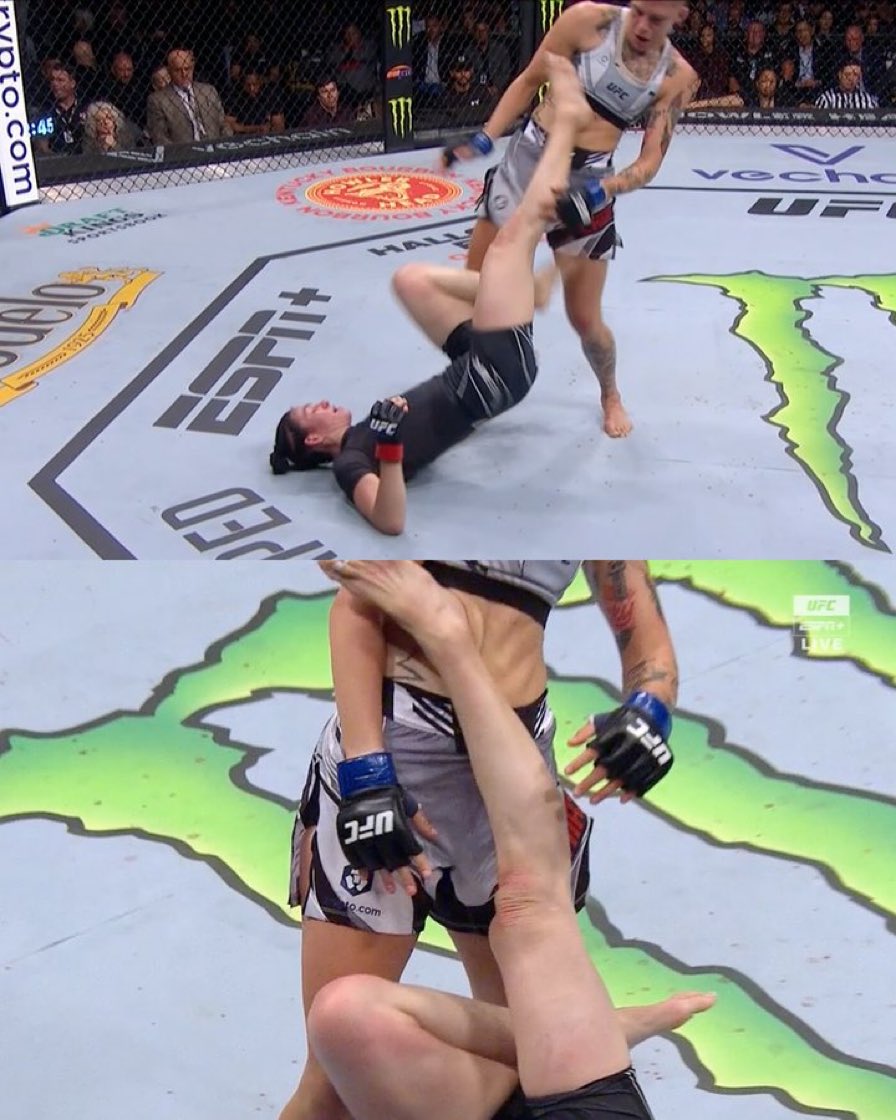 What a kick from the ground to take her out !!! Never seen that before #ufc279