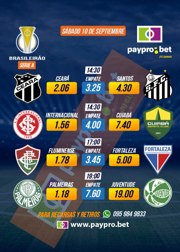 BetPaypro's tweet photo. Fútbol Brasileirão Serie A. #PayPro #TUGANAS https://t.co/dwRZ972oFu