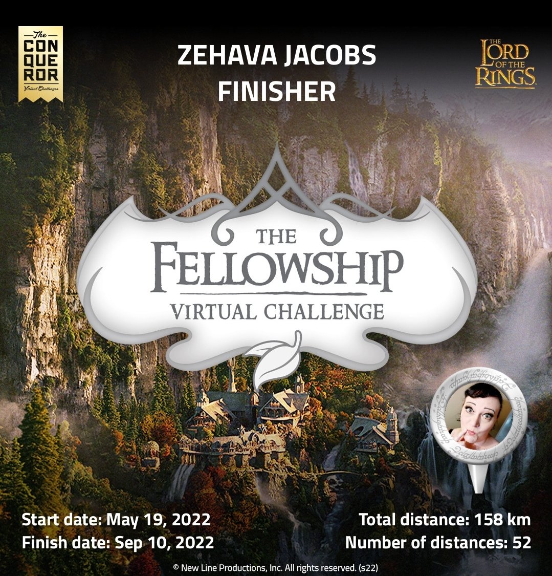 AbleistsSay's tweet photo. I finished my second virtual fitness challenge! This one took longer than I anticipated because I had a hysterectomy and a move during it. Now I wait for my medal to arrive.

I'm on to the next challenge, The Mines of Moria.

#theconquerorchallenge #virtualfitnesschallenge #LOTR https://t.co/R456J3lgYv