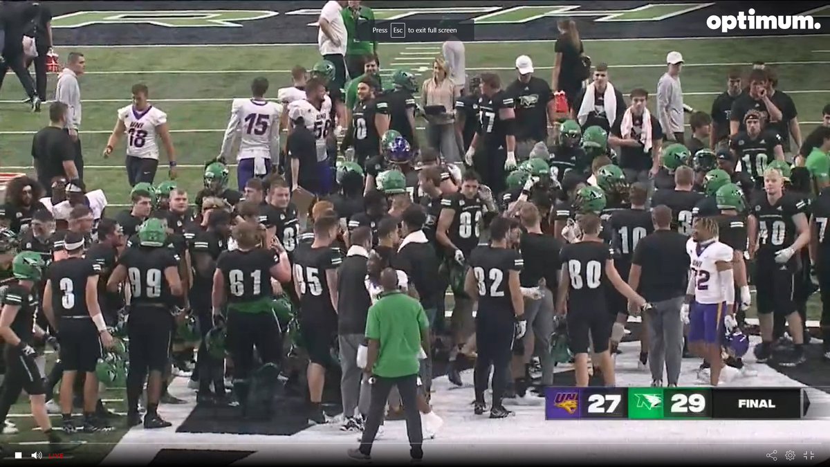 North Dakota beats No. 24 UNI 29-27 in the MVFC, making it 36 straight wins in home openers.

UND QB Tommy Schuster: 19 of 22, 251 yards, 2 TDs, INT; one rushing TD