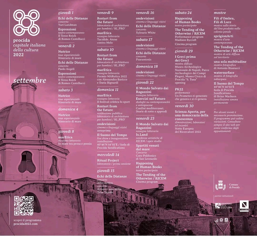 magnaccas's tweet photo. vi aspettiamo a #Procida2022
@Procida2022 @AgostinoRiitano
@pasraicaldo @anndipaolo
@MartinaRomanels
#cidc2022 #cultura #Musica
#teatro #cinema #mostre #Campania
https://t.co/Idu2zgzwTs https://t.co/cPRAijY3jz