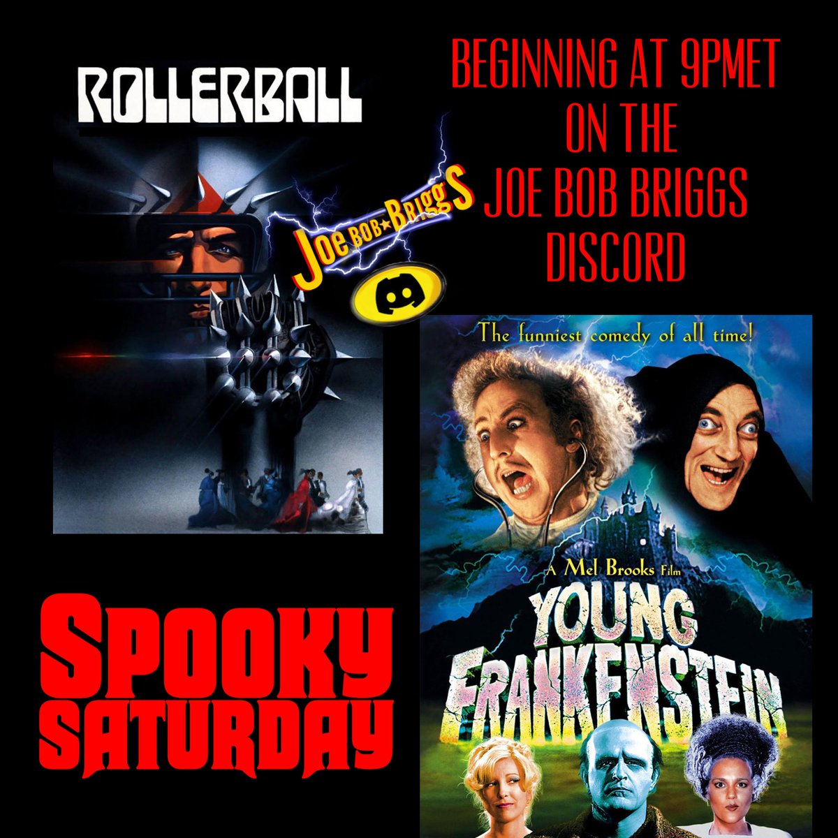 JoeBobDiscord's tweet photo. Happy Spooky Saturday everybody! Come by the Joe Bob Briggs discord tonight at 9pmET as we watch Rollerball, Young Frankenstein and Curse of the Puppet Master! https://t.co/VLhoJ5iUmB #horror #Rollerball #YoungFrankenstein #CurseofthePuppetMaster https://t.co/k3sIBRdWTc