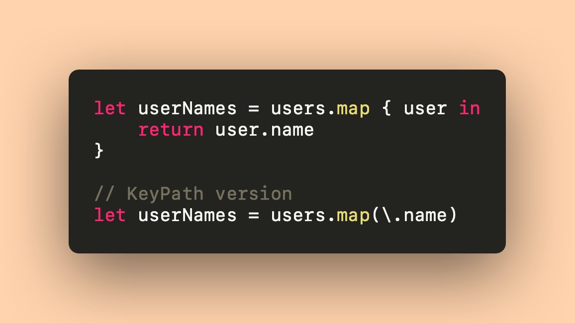 sarunw's tweet image. Swift key path expression \Root.value can use wherever functions of (Root) -&amp;gt; Value are allowed.

sarunw.com/posts/what-is-…