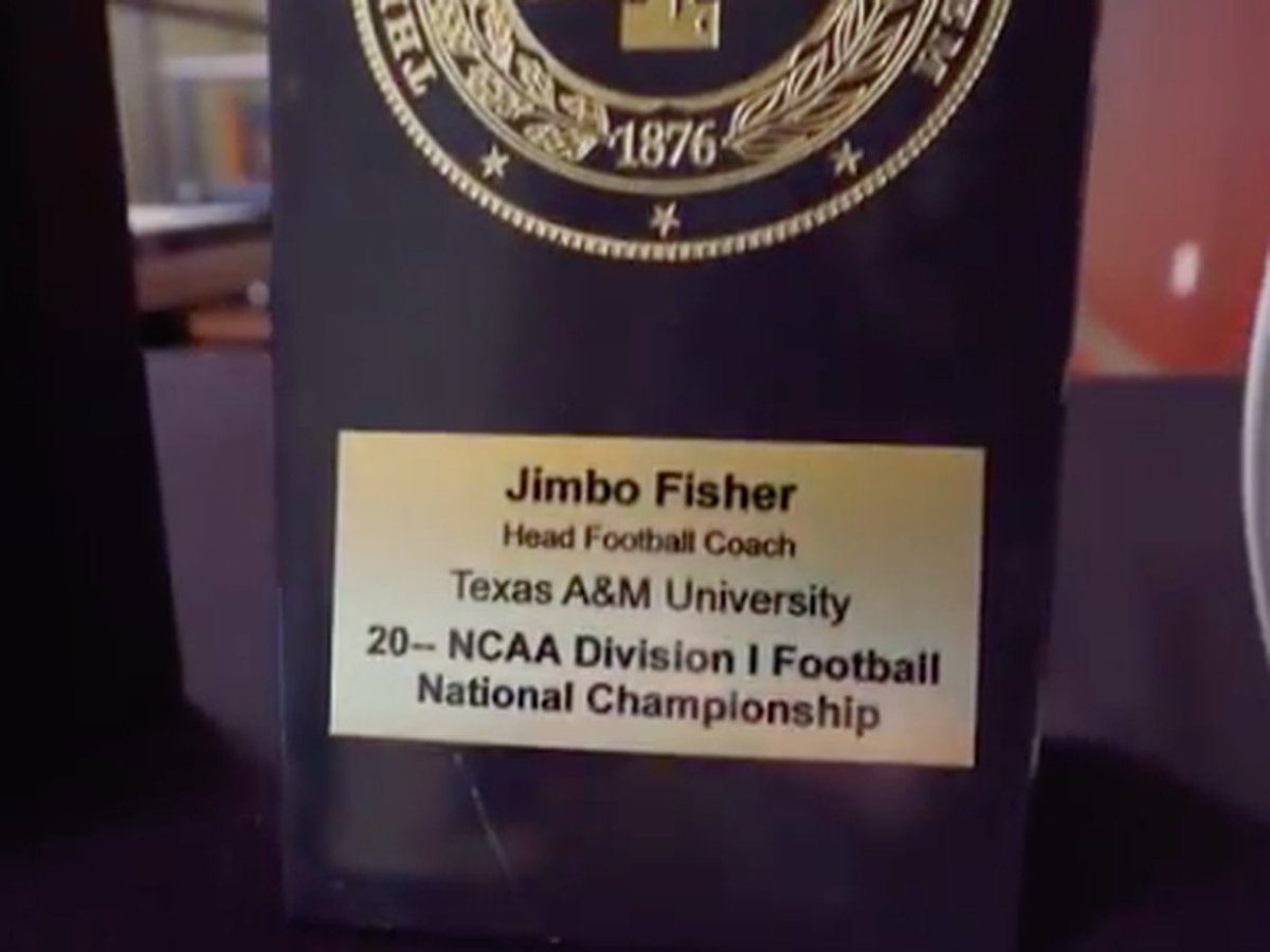 barstoolsports's tweet photo. Good time to remind you Texas A&amp;M gave Jimbo this trophy at his introductory press conference https://t.co/IrbQqCQeNi