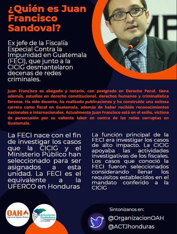 Conoce mejor a nuestros panelistas, y el por qué de su importancia para el combate a la corrupción en #Honduras de cara a la instalación de la #CICIH. <a href="/JSandoval1982/">Juan Francisco Sandoval</a> <a href="/CICIGgt/">Archivo de la CICIG Guatemala</a> <a href="/antonioguterres/">António Guterres</a> <a href="/ONUHonduras/">ONU Honduras</a> <a href="/aliceshackel/">Alice H. Shackelford</a> <a href="/USAmbHonduras/">Embajador/a de Estados Unidos ante Honduras</a> <a href="/OrganizacionOAH/">Organización Ayudamos Honduras</a> <a href="/panalhn/">PANAL HN</a> @Cristosal_HN