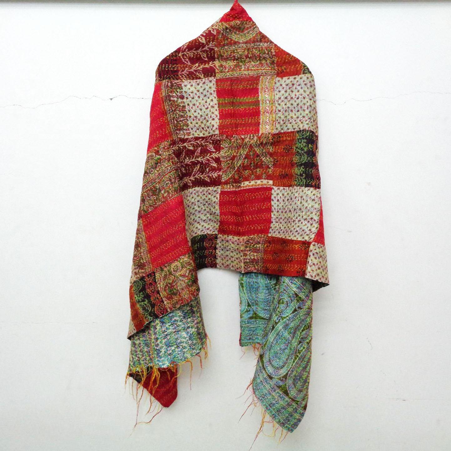 Handmade patchwork long Silk Kantha Scarf Neck Wrap Stole Dupatta Hand Quilted Women Scarves Reversible KT29