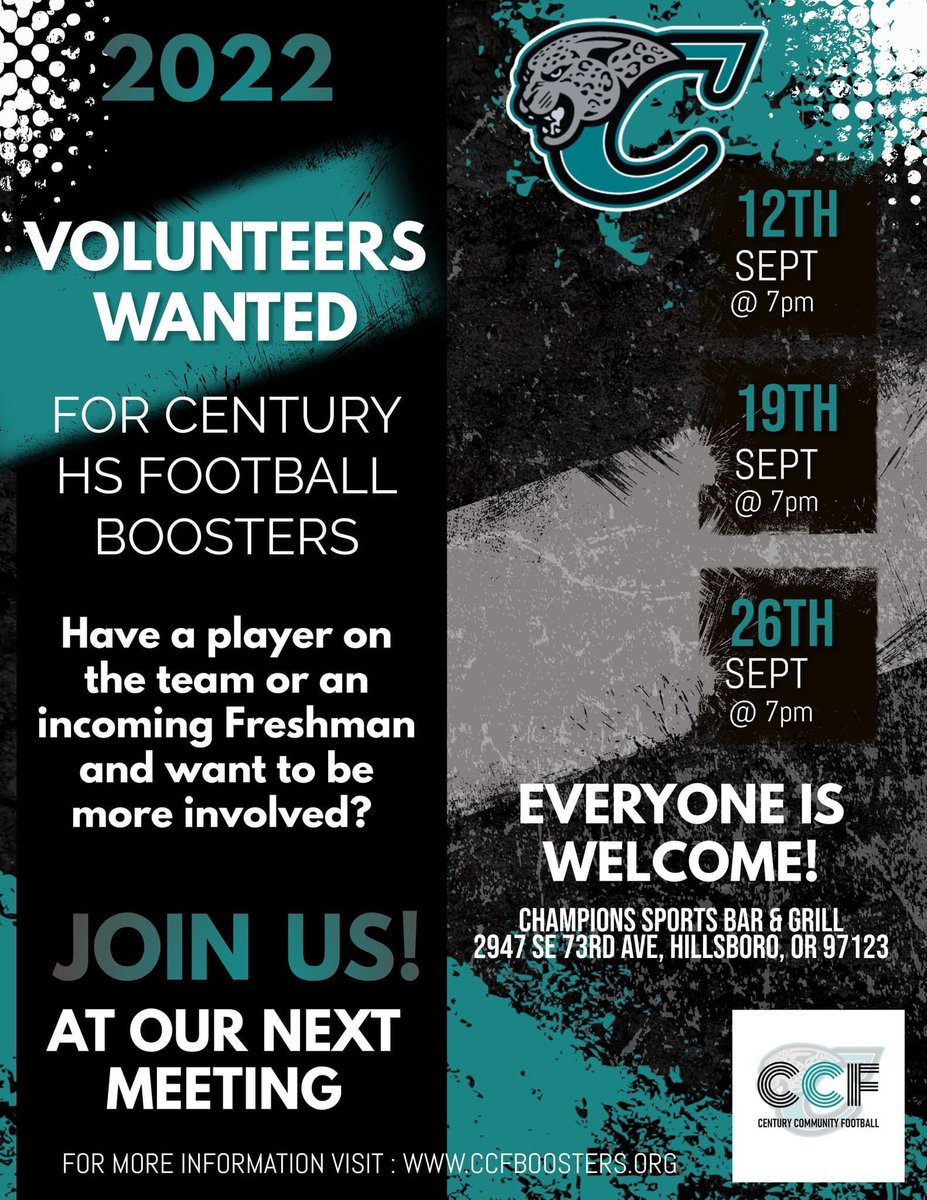 centurycommfb's tweet photo. REMINDER! Calling all parents! Join us at our next meeting this Monday, September 12th 7pm @ Champions! Help us plan this season activities! Game Day Preparation, Jag Snack Box and more! @JagFootballOR https://t.co/dy9Tj7qXe3