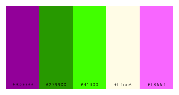 ColPaletteBot's tweet photo. Beep beep, here's a pretty color palette for you!
color-scheme.js parameters used:
- hue: 313
- variation: hard
- colors: #920099, #279900, #41ff00, #fffce6, #f866ff
Have a lovely evening!
#twitterbot #colorpalette #colors #palette #prettycolors https://t.co/HOaPQj1cgz
