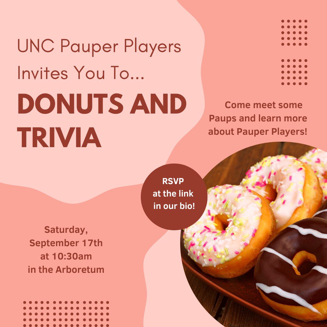 uncpauper's tweet photo. Hey Paups! 
Join us this Saturday, September 17th at 10:30am in Coker Arboretum for a trivia event!
BYOC (bring your own coffee) and we will have donuts and theatre related trivia so come ready to play!
RSVP at the link in our bio! https://t.co/Fvbm0SgQRM