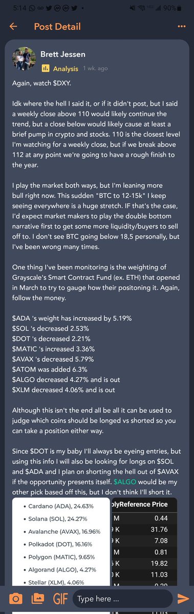 JudgeCrypt0's tweet photo. I'm back from my sabbatical and I brought the bull with me.

I've posted these buys this week on @personafi_app
$TLOS
$CSPR
$STX
$CPH
$CHZ
$NODL

Posted profitable trade entries as well on $BTC $ADA $SOL $ALGO and $DOT.

Also, check my $DXY analysis. 😉

Let's get this money! https://t.co/URkVtY0seo