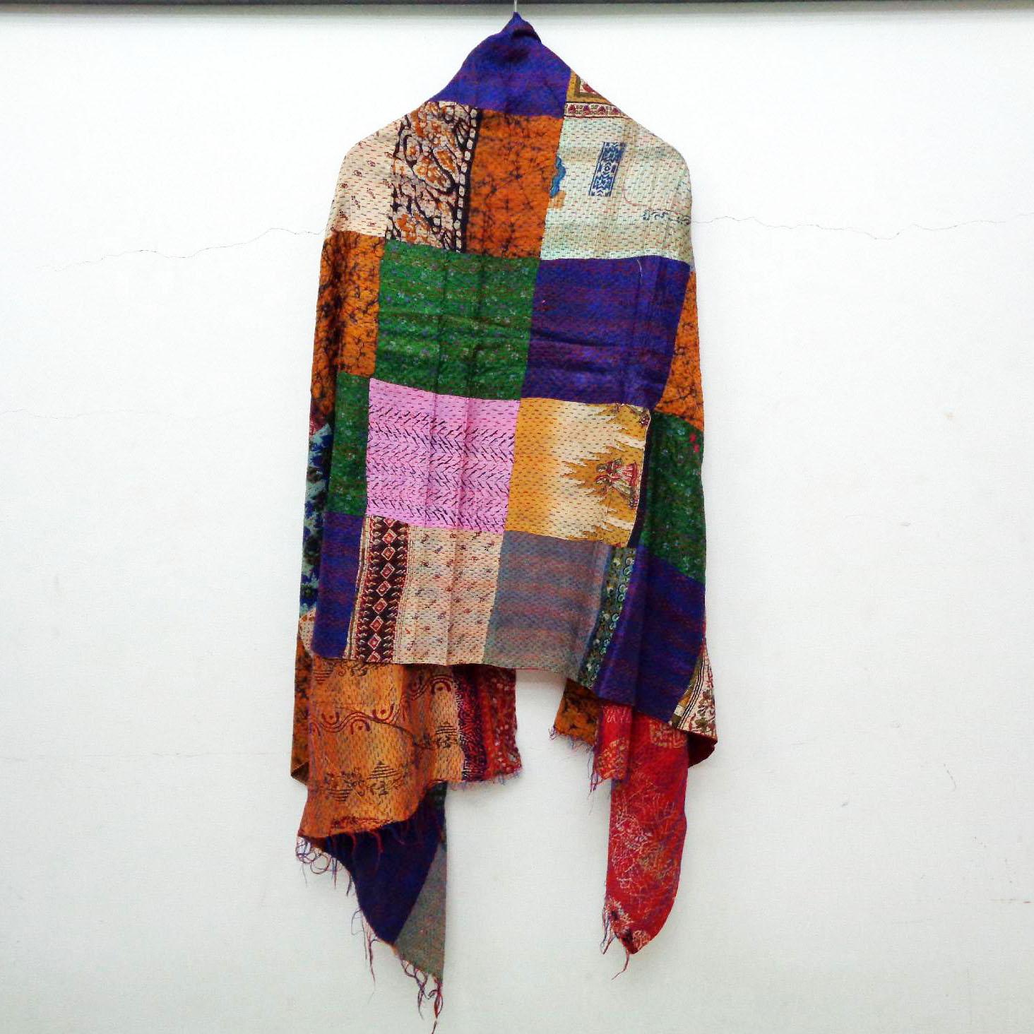 Handmade patchwork long Silk Kantha Scarf Head Wrap Stole Dupatta Hand Quilted Women Gypsy KT12