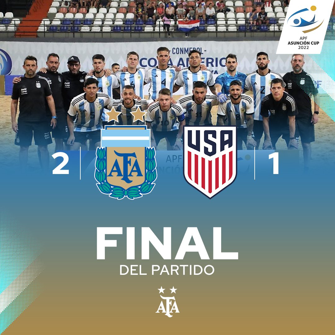 Argentina's tweet photo. #FútbolPlaya 🏆APF Asunción Cup

¡Finaaaaaal, es final con victoria y título para Argentina! 

Con goles de Lucas Medero y Nahuel Gigena Argentina superó a EEUU y alzará el título de la APF Asunción Cup. 👏👏👏

🇦🇷¡Vamos #Argentina!🇦🇷 https://t.co/K2zm8KpNmX