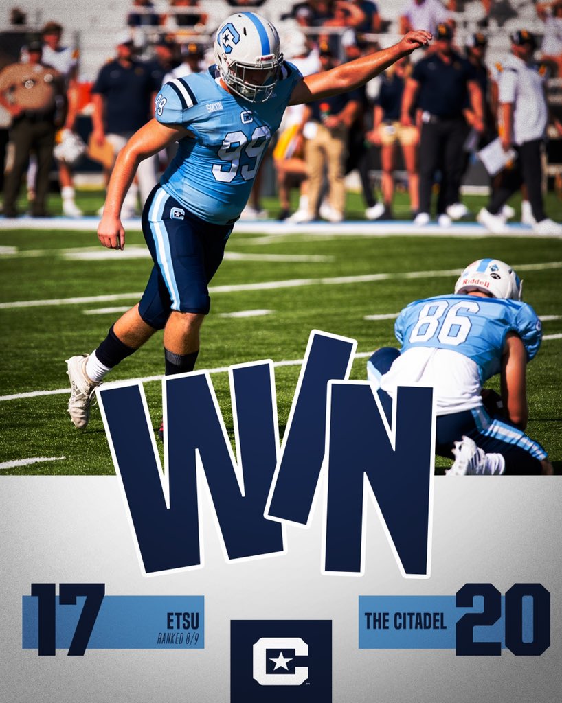 The Citadel Football (@citadelfootball) on Twitter photo BALLGAME!!!
<a href="/colby_k95/">Colby Kintner</a> walks it off to give the Bulldogs the 20-17 victory over 8/9 ETSU.
#FireThoseCannons BALLGAME!!!
<a href="/colby_k95/">Colby Kintner</a> walks it off to give the Bulldogs the 20-17 victory over 8/9 ETSU.
#FireThoseCannons
