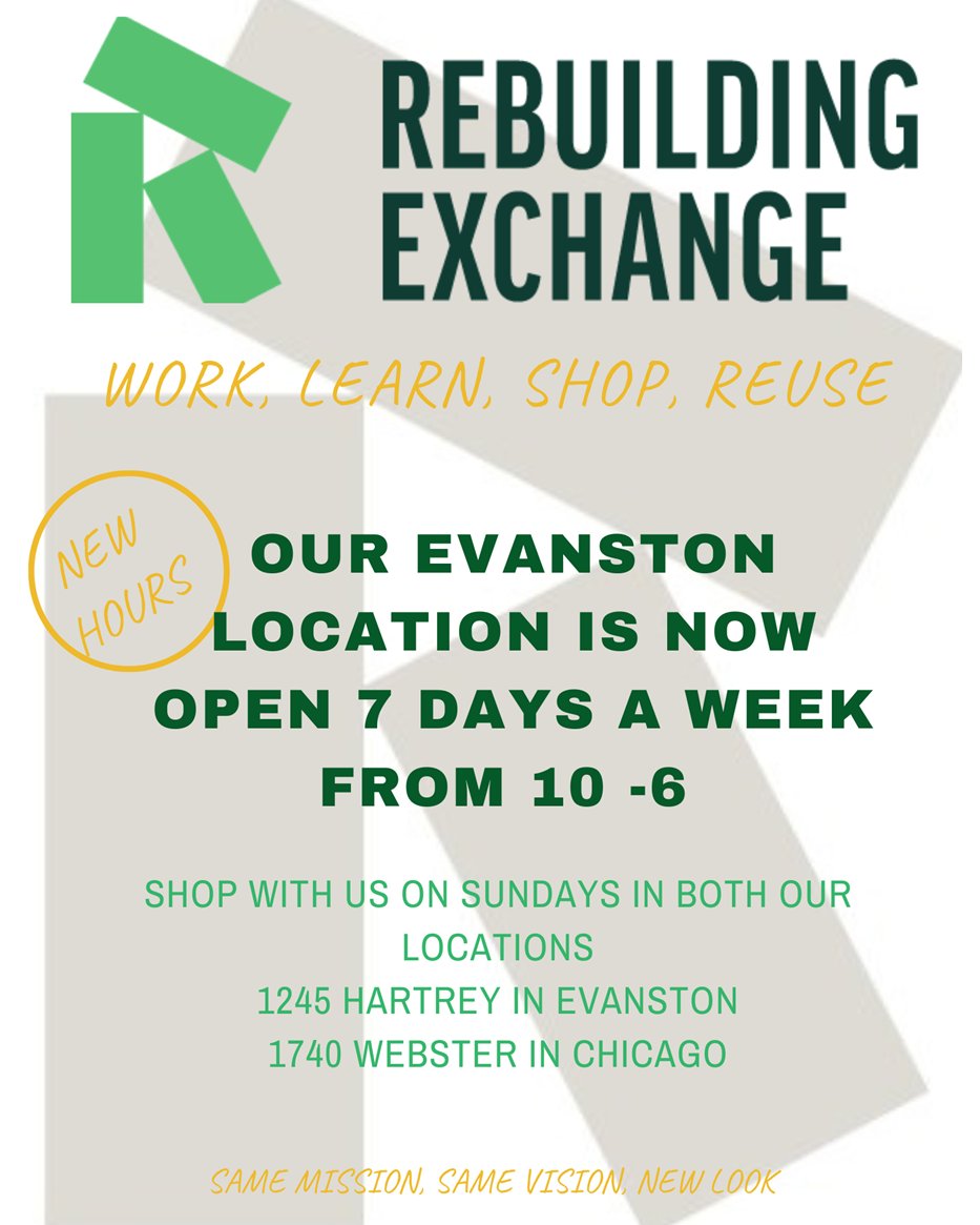 EvanstonRebuild's tweet photo. New name, new hours! We're now open on Sundays from 10am-6pm...come see us!

#salvage #salvaged #reclaimed #reuse #buyused #shopsmall #shoplocal #recycle #reclaimedwood #reclaimedwoodfurniture #architecturalsalvage #architecturelover #homedecor https://t.co/Ier8K5KiQD