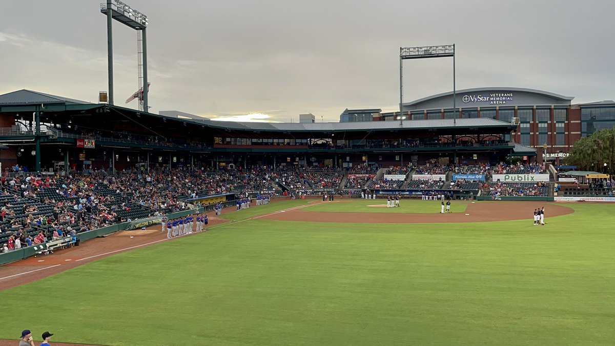 TheCatchBlog's tweet photo. Enjoying a night in the cheap seats at @121_Ballpark tonight to watch our hometown @JaxShrimp take on the @IowaCubs. The rain has stopped & it’s humid, but the beers are cold. 👍We even had a @FLAirGuard flyover to start the game! #LetsGoShrimp! #JaxShrimp 🍤⚾️🔥 https://t.co/0rZJRdg4Mc