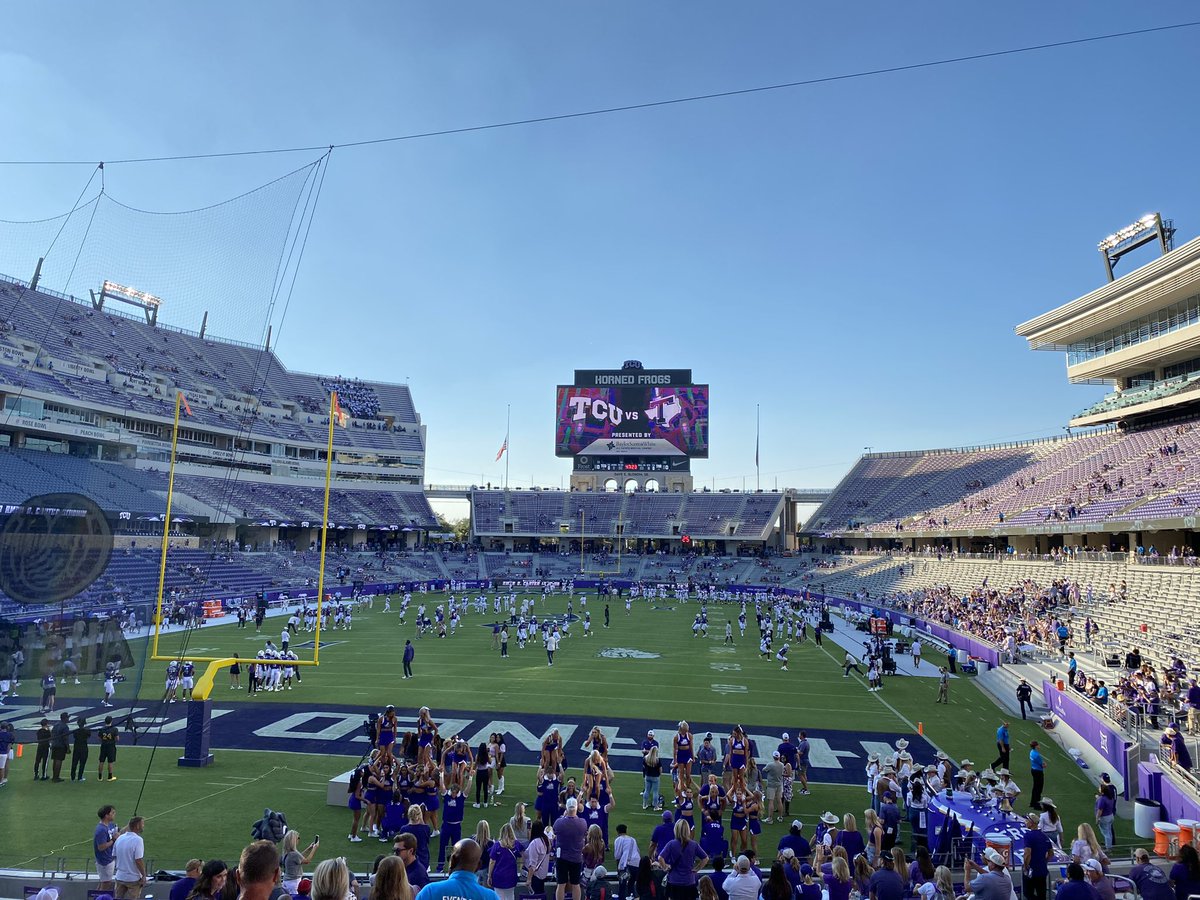 TarletonState's tweet photo. Its almost game time here in Fort Worth! 🟣🏈

Kickoff is at 7 PM for @TarletonFB vs TCU! https://t.co/nox5jPV2a6
