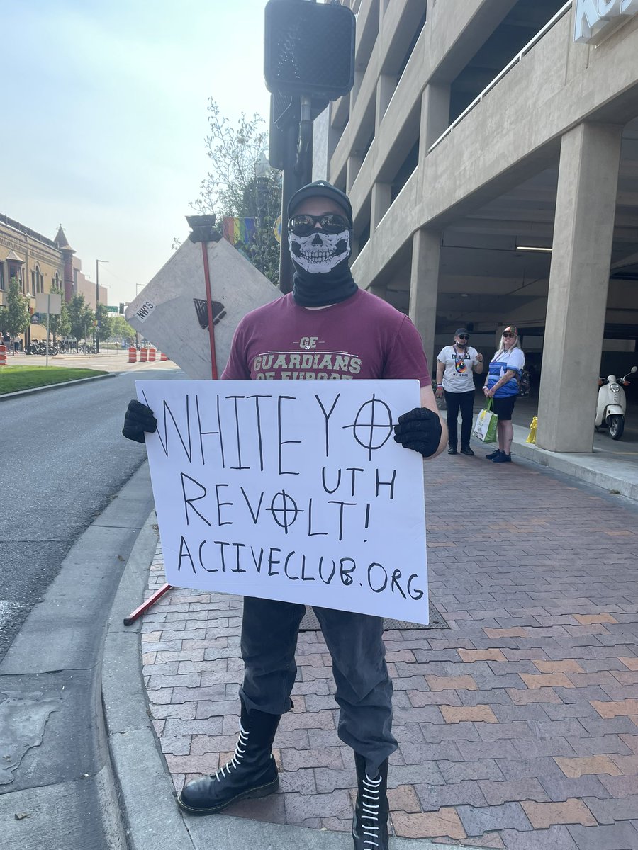 shevawnatron's tweet photo. This is the type of scum that slithers out of the sewer when the @IdahoGOP puts a call out to protest Boise Pride. He refused to take off his mask to show his face. He was also doing the Nazi salute while saying he was there to “protect children.” https://t.co/TrfTAoIcDd