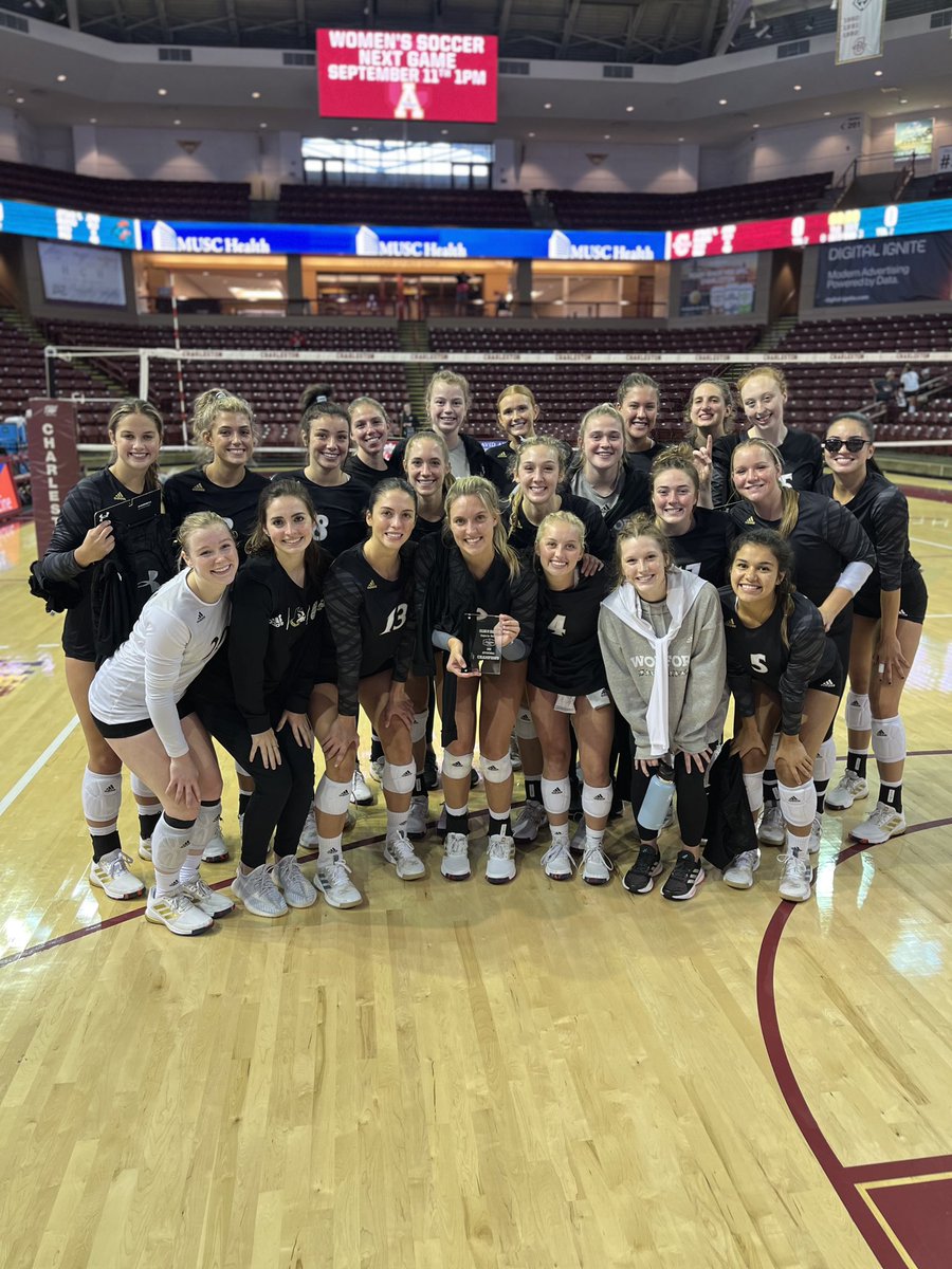 WoffordVB's tweet photo. Championship smiles all around!! 😁🏆 Terriers win the CofC Classic!! 

Barham named Tournament MVP with Morgan and Loehr joining her on the All-Tourney Team!! 💪
#ConquerAndPrevail https://t.co/nab54vGP3R