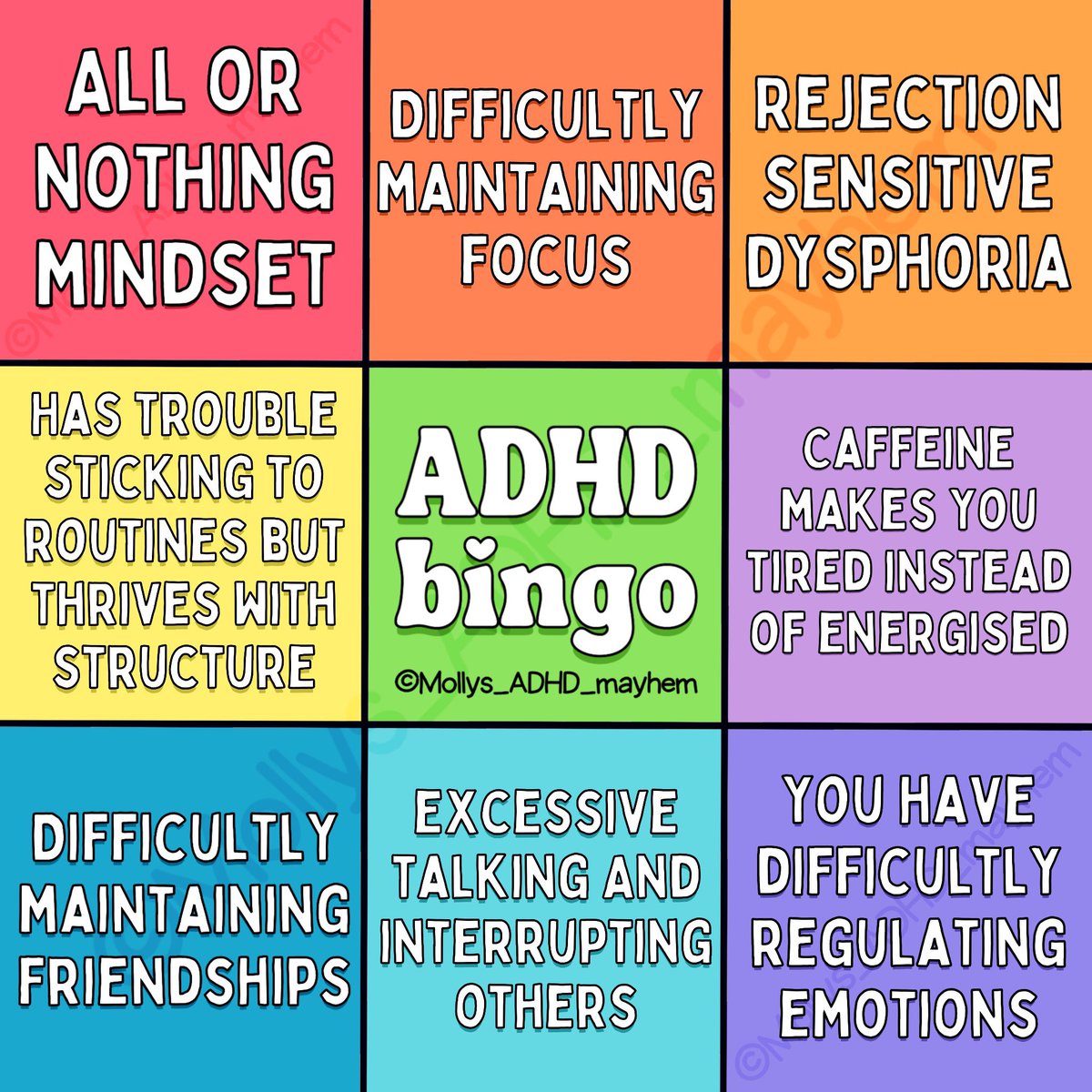 Mollys_ADHD's tweet photo. My most recent ADHD bingo infographic card… 🥇 #adhd 

(Just for a little bit of fun, please do not not use this an “official” diagnostic tool). https://t.co/hdgkGZVYtk