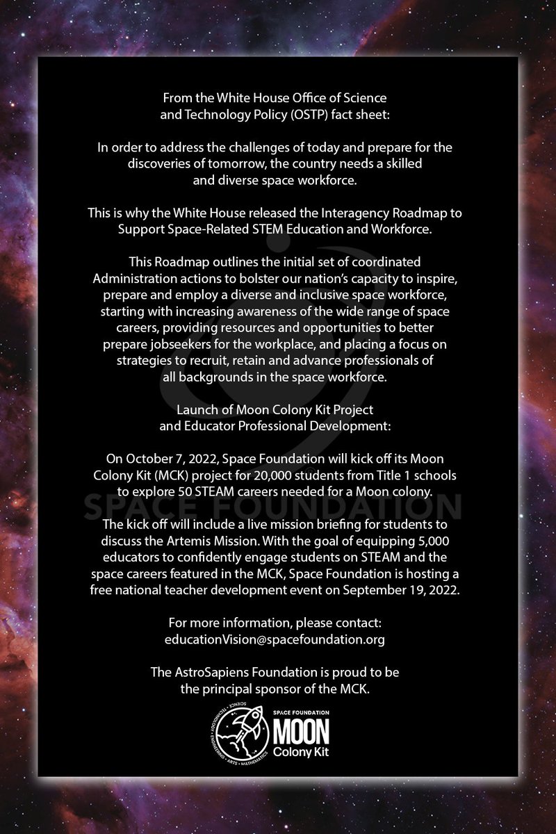 AstroSapiensF's tweet photo. @vp @whitehouse just announced their commitments to inspire, prepare and employ the #space workforce. Their Fact Sheet announces DEI programs including our partner @spacefoundation’s #MoonColonyKit benefiting educators &amp; children at Title I schools. We’re proud to sponsor the MCK https://t.co/B72WeFbRBn
