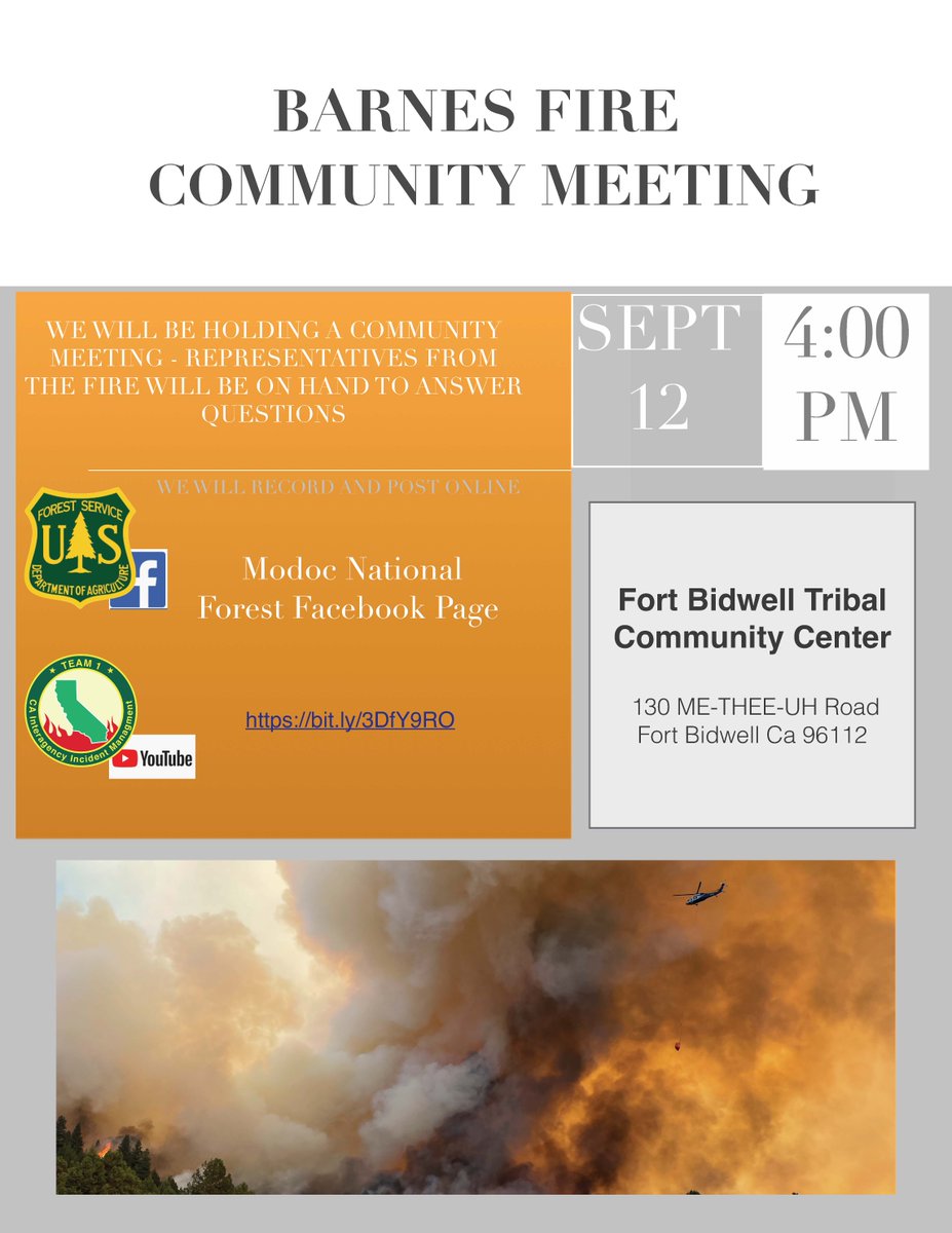 ModocNF's tweet image. #BarnesFire Community Meetings Sunday @4pm Davis Creek Community Center Monday @ 4pm Fort Bidwell Tribal Community Center more fire info available on Inciweb inciweb.nwcg.gov/incident/8403/ #ModocNF