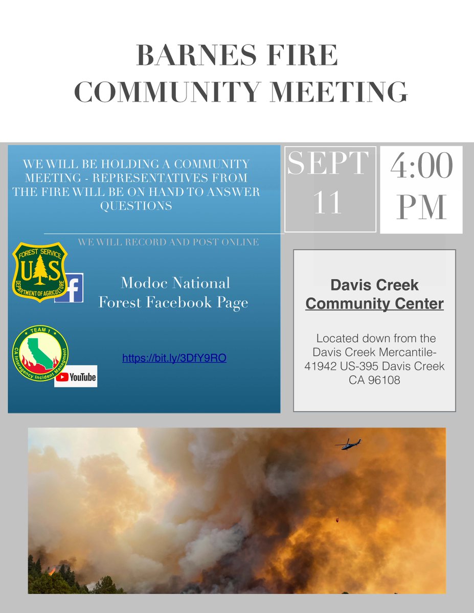 ModocNF's tweet image. #BarnesFire Community Meetings Sunday @4pm Davis Creek Community Center Monday @ 4pm Fort Bidwell Tribal Community Center more fire info available on Inciweb inciweb.nwcg.gov/incident/8403/ #ModocNF