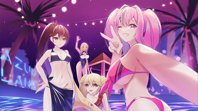 Night Pool! #アズールレーン #碧蓝航线 #ブレマートン(アズールレーン) #瑞鶴(アズールレーン) #ブリュッヒャー(アズールレーン) #マーブルヘッド(アズールレーン) #ナイトプール #水着  