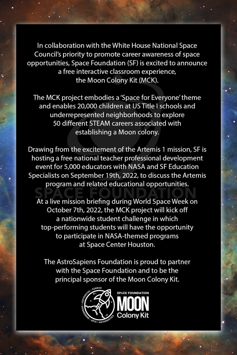 AstroSapiensNFT's tweet photo. We’re thrilled to officially announce that our partner @SpaceFoundation's  #MoonColonyKit is developed in collaboration w/ @NASA &amp; the @whitehouse National Space Council. Congratulations to @shellibrunswick  + the whole team! The official announcement is below: #DEI #spaceforall https://t.co/aKcQSBgWmG