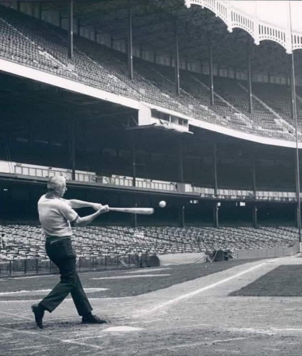 Joe Dimaggio, age 55, taking BP in an empty Yankee Stadium.