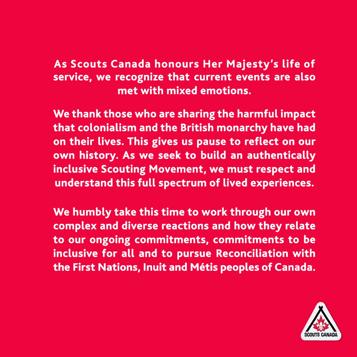 scoutscanada's tweet photo. 1/3 As Scouts Canada honours Her Majesty’s life of service, we recognize that current events are also met with mixed emotions.
We thank those who are sharing https://t.co/yzZ1ouBUxb
