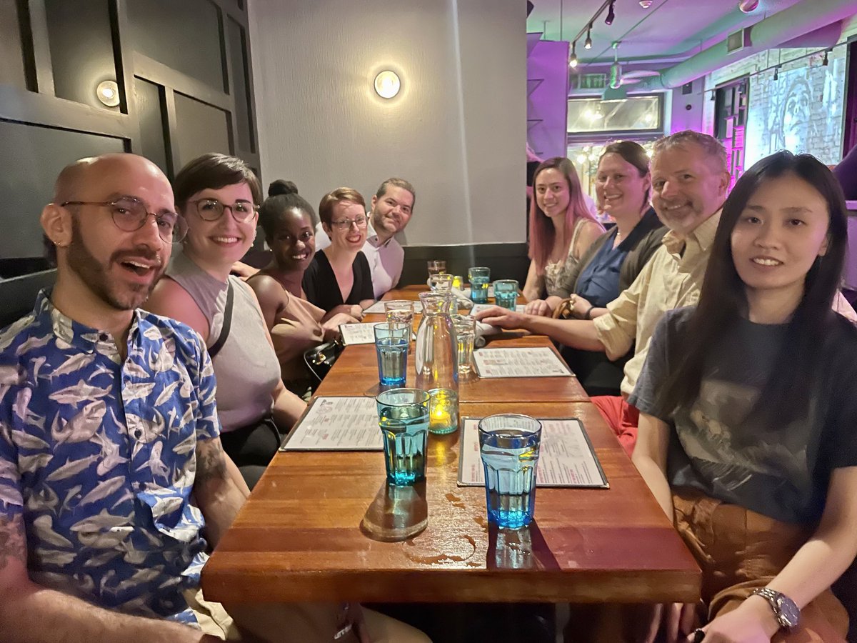#TRICAM reunion dinner at #SRP2022 at the Monster Vegan! New tricammers, advanced, interning doc candidates, far flung post-docs and an assistant professora! My heart overflows!
