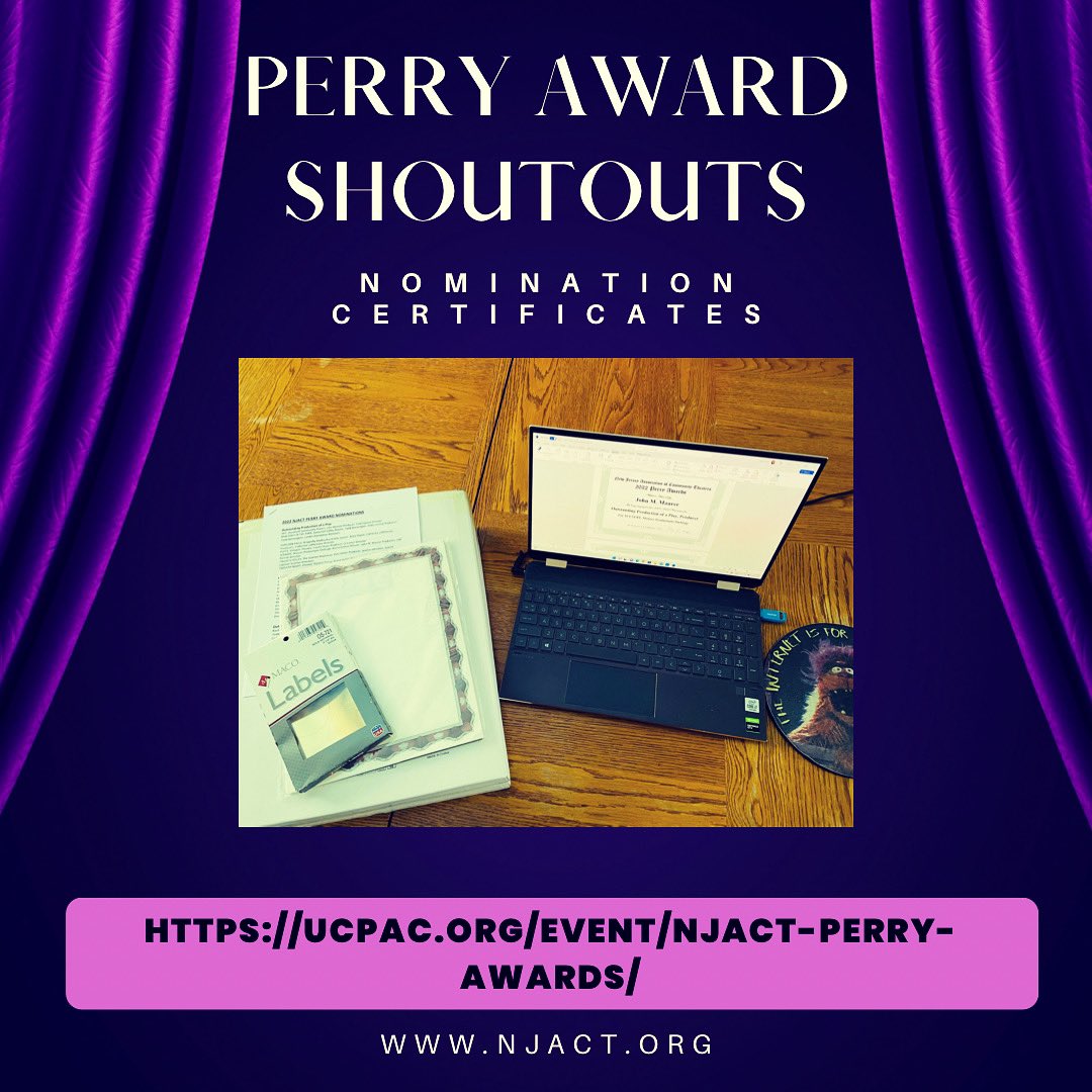 NJACT's tweet image. Be on the lookout for when your NJACT 2022 #nominationcertificate is posted on njact.org and tag us with a pic! There is still time to get tix for this year’s ceremony -- we are about a week away! 🎫: ucpac.org/event/njact-pe…
#njact #njactperryawards #perryawards2022