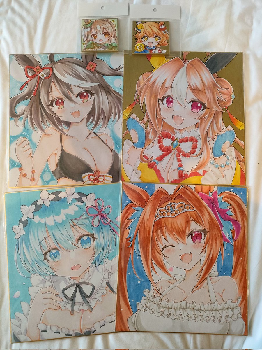 ダイワスカーレット(ウマ娘) ,キタサンブラック(ウマ娘) 「今日の色紙はこんな感じです～レムは前に練習で描いたやつなんですが欲しい人いるかわ」|てりむく🐦プリステ29R娘88フクキタル合同誌のイラスト
