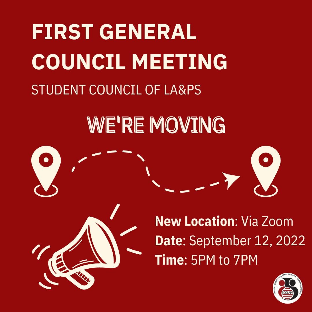 SCOLAPS’ First General Council Meeting has been relocated is going to be held virtually over Zoom on Monday, September 12th, 2022, from 5-7PM. Check our bio for the registration link.