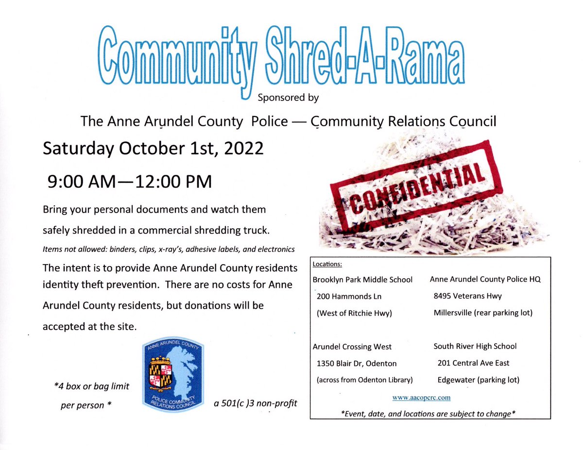 PCRC_AACo's tweet photo. Our annual Shred-a-Rama will be held on 1 October in all 4 districts! Donations are greatly appreciated! https://t.co/BX9xQ6IQOh