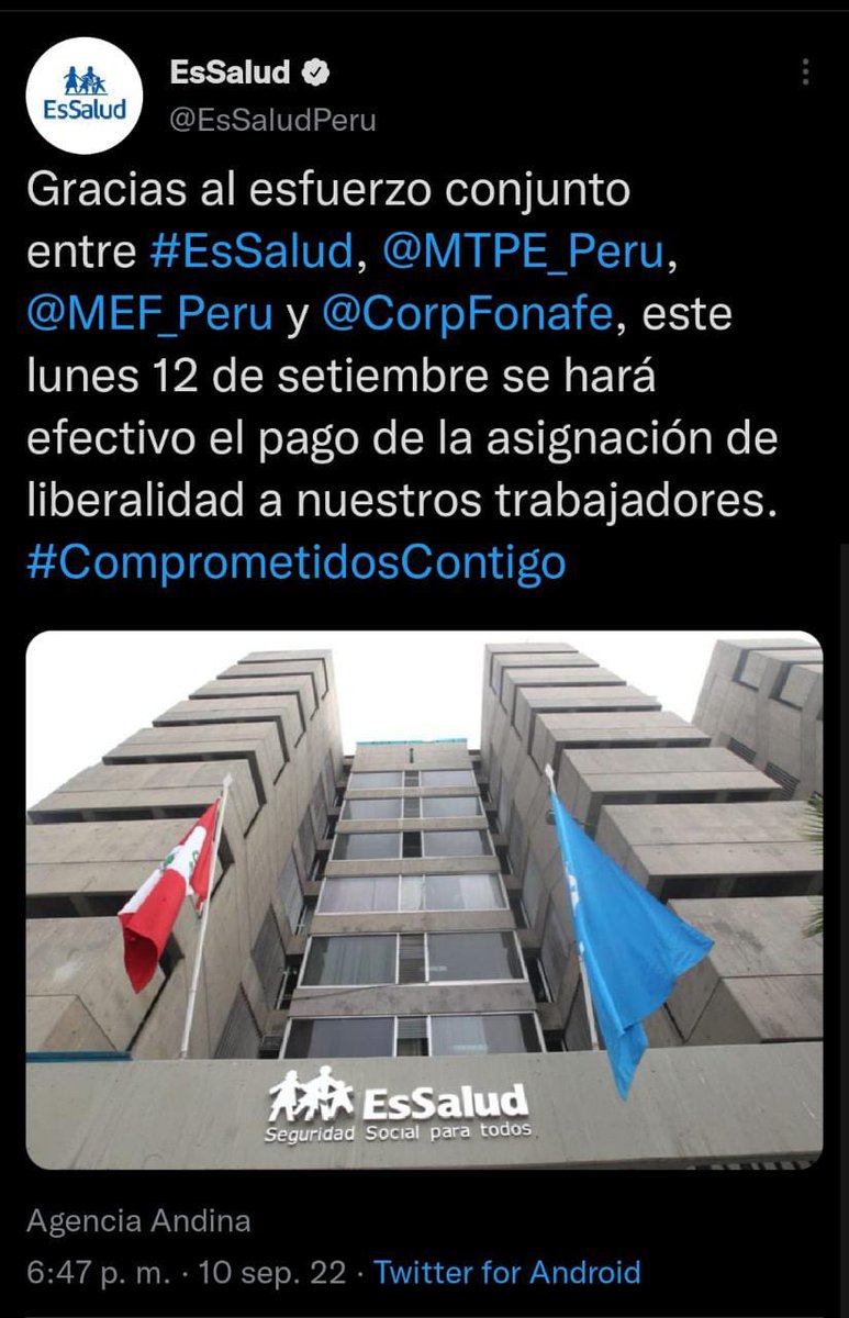 #ESSALUD confirma el pago de la asignación por liberalidad; debemos reconocer a todos nuestros afiliados y sindicatos quienes estuvieron en las jornadas de lucha para buscar la viabilidad @UNIDOS SOMOS MÁS FUERTES ⁦<a href="/FedCut/">Federación CUT</a>⁩ ⁦<a href="/josue_cuzcano/">Victor Cuzcano Huallanca</a>⁩ ⁦⁦<a href="/QuirozNila/">Nila Quiroz</a>⁩