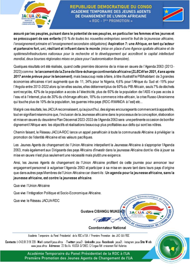 Gustavecibangu's tweet photo. 9.9.2022:MESSAGE DU RÉSEAU DES JEUNES AGENTS DE CHANGEMENT DE L’UNION AFRICAINE #JACUA A L’OCCASION DE LA JOURNÉE DE L’UA.
@fatshi13 @LukondeSama @DMazenga @bussa_jean @nskazadi @AngeleMakombo @_AfricanUnion @AUYouthProgram @Presidence_RDC @yngandu @AUC_MoussaFaki @Macky_Sall https://t.co/AC1UpQelAd