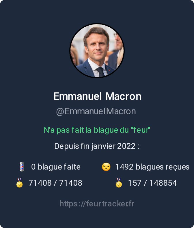 Anti__Feur__Bot's tweet photo. Hey @EmmanuelMacron ! Tu n'as jamais fait la blague du feur sur Twitter depuis fin janvier 2022... Merci d'être une bonne personne ! https://t.co/UtvAsfB8dO