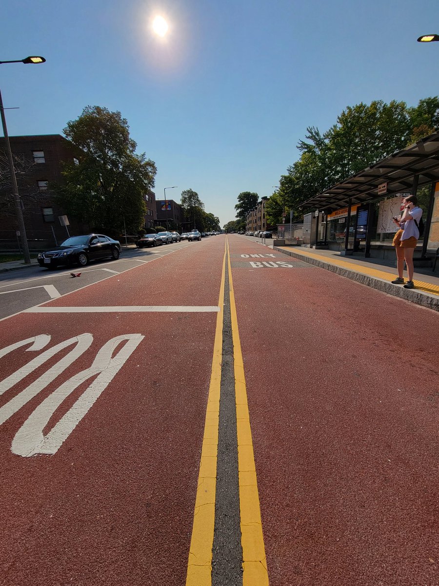 jahorne's tweet photo. We then made our way to the fantastic center running bus lanes on Columbus Ave. These a high quality example of priority bus infrastructure that speeds up local service and gives dignity to bus riders with better stop amenities. https://t.co/llcUFc183S