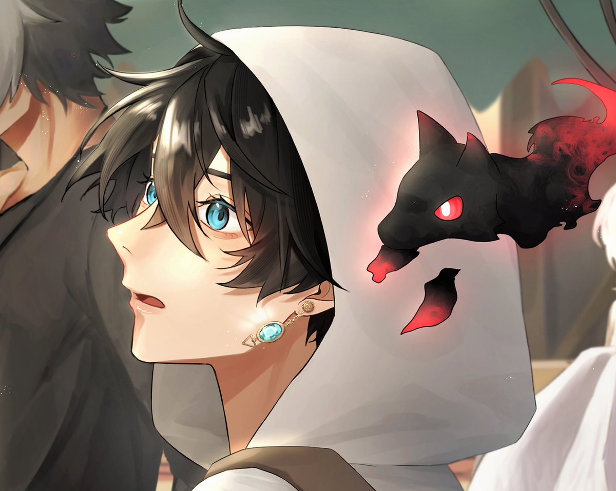 earrings jewelry black hair hood blue eyes male focus hood up  illustration images