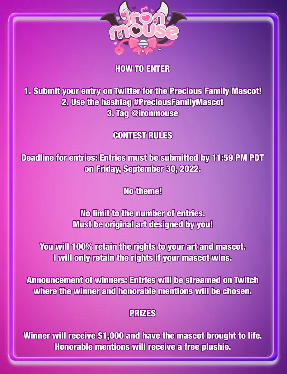 ironmouse's tweet photo. Our first community contest! Please use #PreciousFamilyMascot and submit your very own mascot design for chat! I can't wait to see what you guys come up with and I can't wait to see what your mascot will be! Please submit before the deadline of Sept 30th at 11:59 PM PDT! https://t.co/mjR5srTiv2