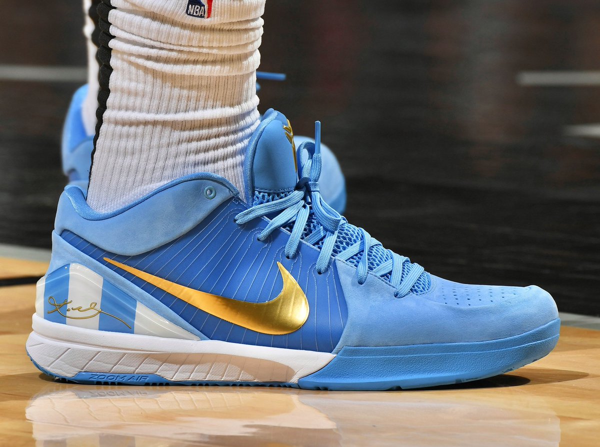 NickDePaula's tweet photo. That time @DeMar_DeRozan designed a special Argentina flag-inspired pair of Kobes — 6 months ahead of time — to honor @ManuGinobili at Manu’s Spurs jersey retirement in 2019 🇦🇷 https://t.co/sOvkzWl4J7