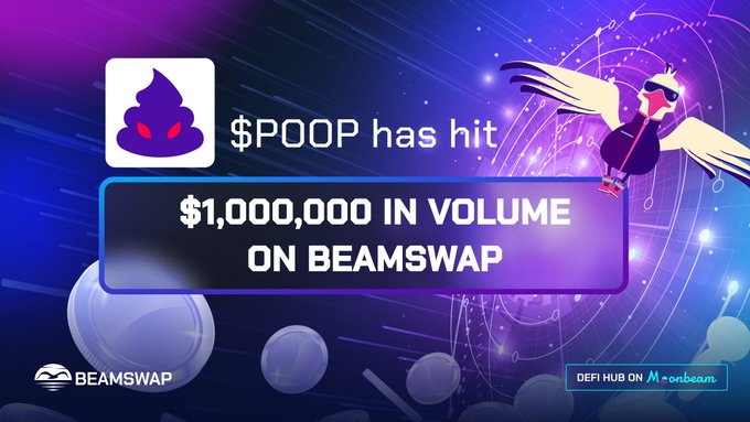 DEX_DAILY's tweet photo. 💥It has been less than 24hr since  @RaresamaNFT
  $POOP token has gone live on the @MoonbeamNetwork 

🚀#Beamswap just hit over 1 Million in trading volume on $POOP🚀
#DEX
#DEX_DAILY https://t.co/lJff1sPZEG